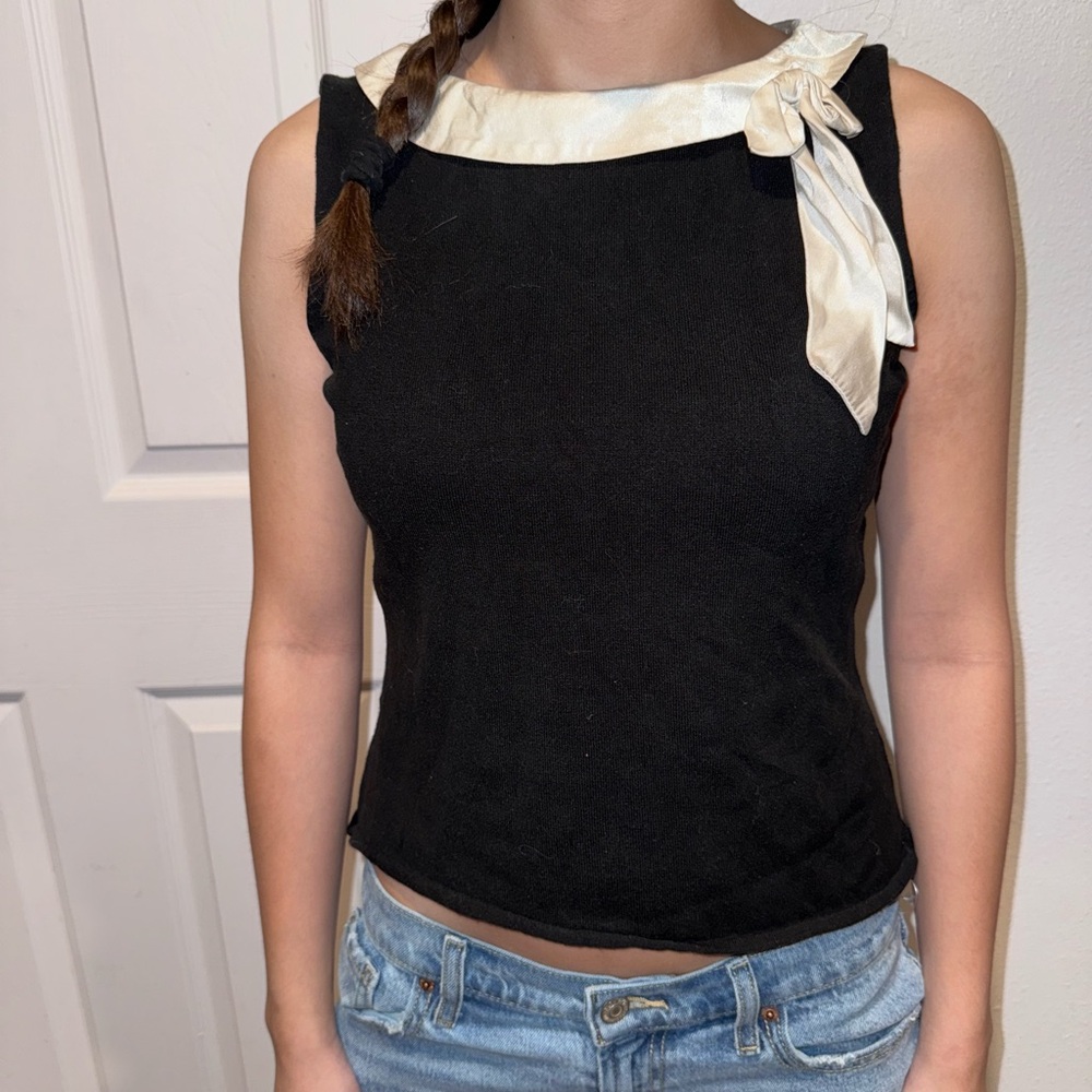 August Silk Petites Medium Black and Cream Women's Top